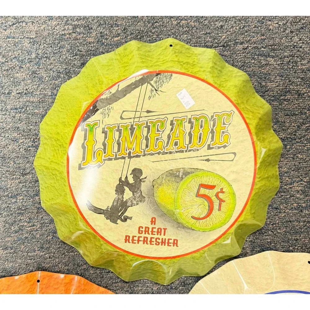 Set of 3 Retro Metal Bottle Cap Signs Sunny Soda Limeade Ice Wall Decor Tin 12in